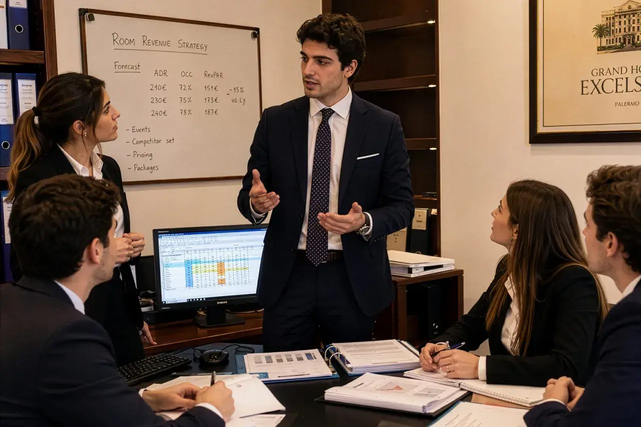Un promoter presenta una strategia di ricavi per camere d'albergo, analizzando dati e previsioni con il suo team.