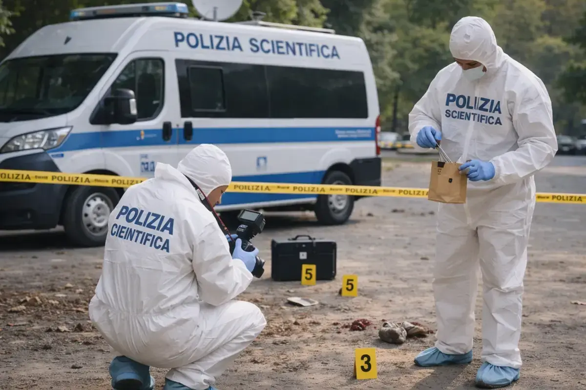 Agenti della Polizia Scientifica al lavoro. Chissà quanto guadagna un poliziotto al mese per un lavoro così delicato.