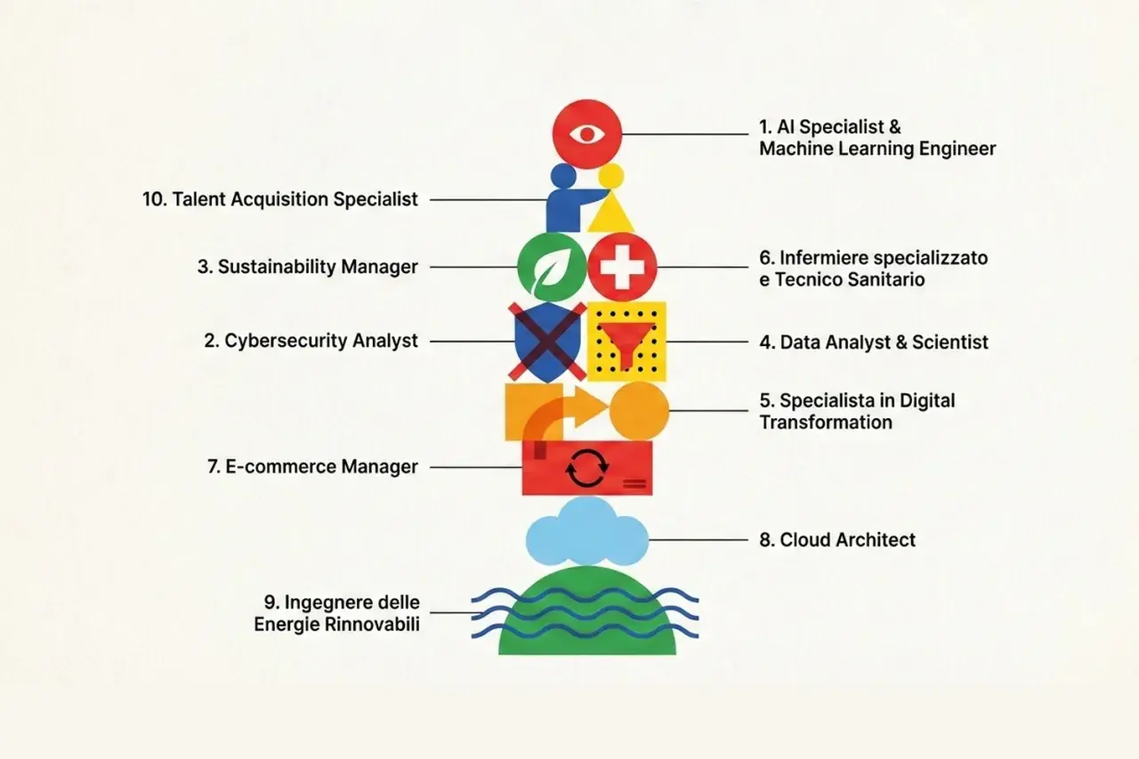 Elenco dei lavori più richiesti nei prossimi 10 anni: AI Specialist, Infermiere, Data Analyst, Cloud Architect, Ingegnere Energie Rinnovabili e altri.