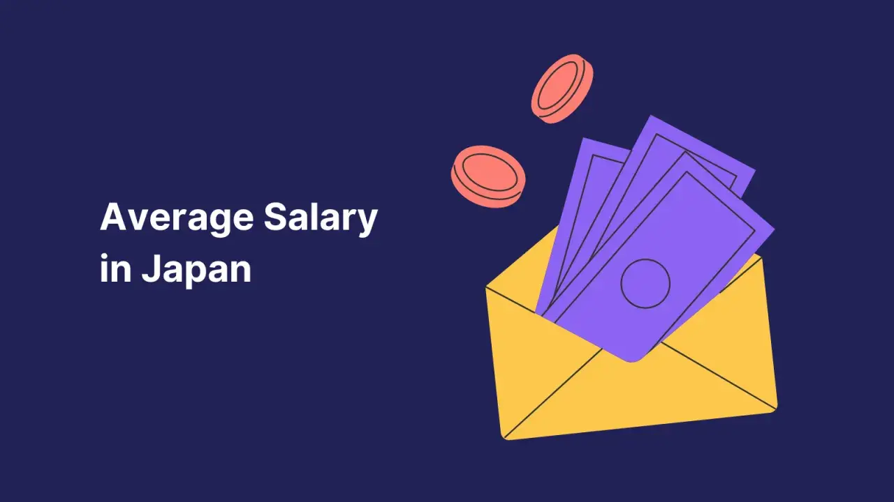 Busta gialla con banconote viola e monete arancioni. Titolo: "Average Salary in Japan".