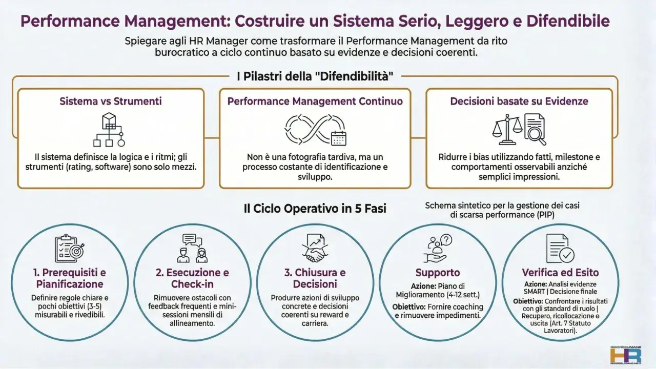 Schema del Performance Management: le tappe di una carriera, dal sistema alle decisioni basate su evidenze, con un ciclo operativo in 5 fasi.