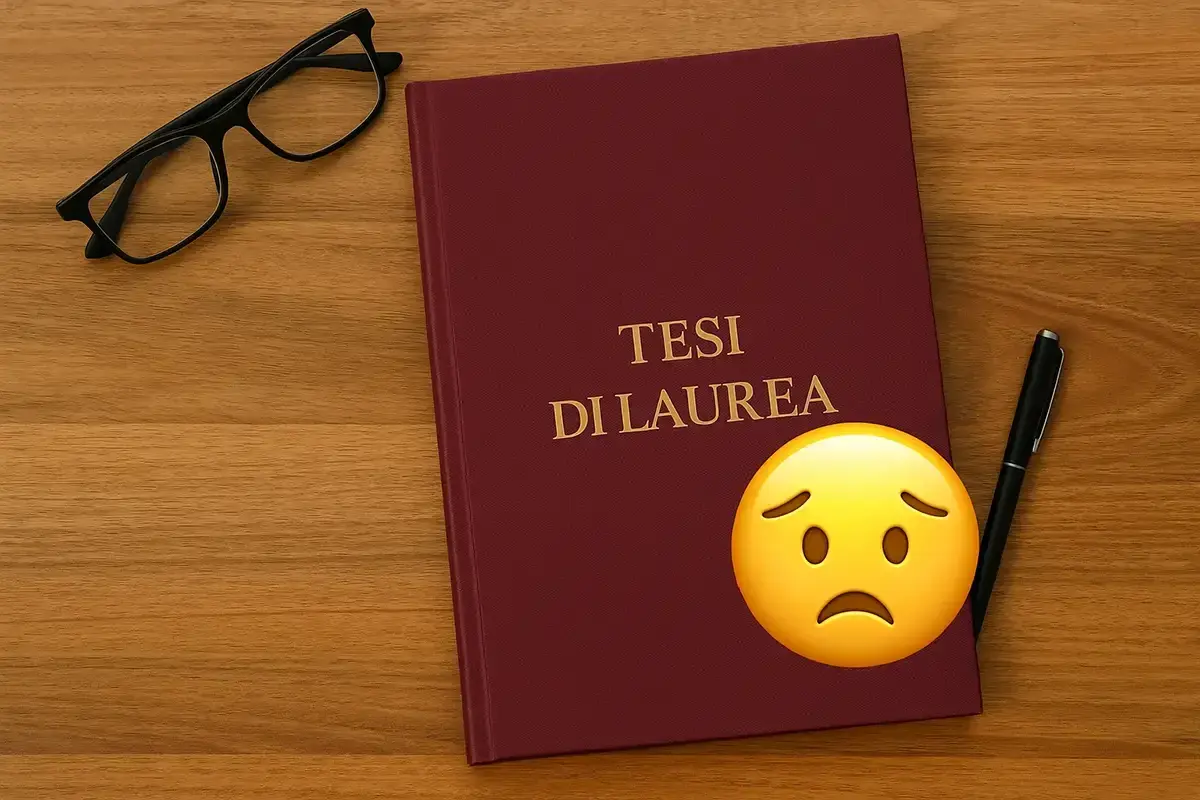 Tesi di laurea e-campus, occhiali e penna su un tavolo di legno. Un emoji triste accanto al titolo.