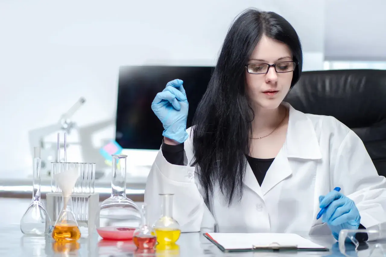 Ingegnere biomedico al lavoro in laboratorio, con provette e becher pieni di liquidi colorati.