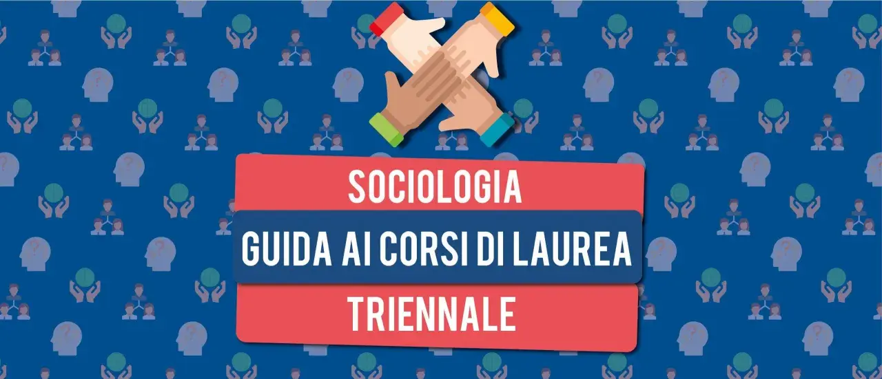 Guida ai corsi di laurea triennale in sociologia in Italia. Icone di mani che si stringono, persone e globi.