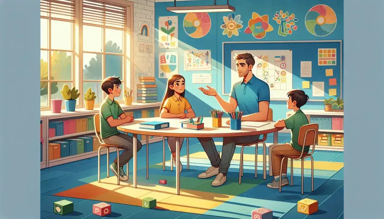 Un insegnante spiega con entusiasmo ai bambini in un'aula luminosa, mostrando il suo ruolo fondamentale nell'educazione.