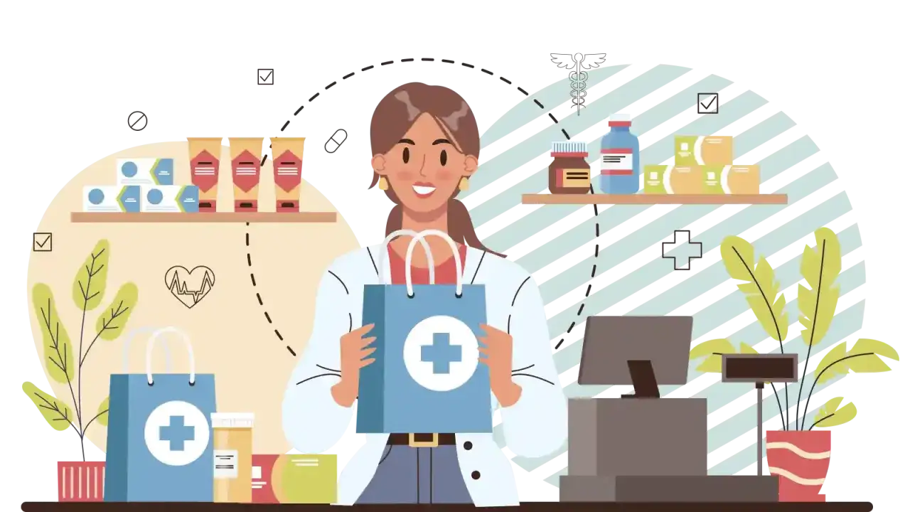 Farmacista sorridente con sacchetto blu, pronto ad aiutare. Scopri come diventare farmacista e prenderti cura della salute.