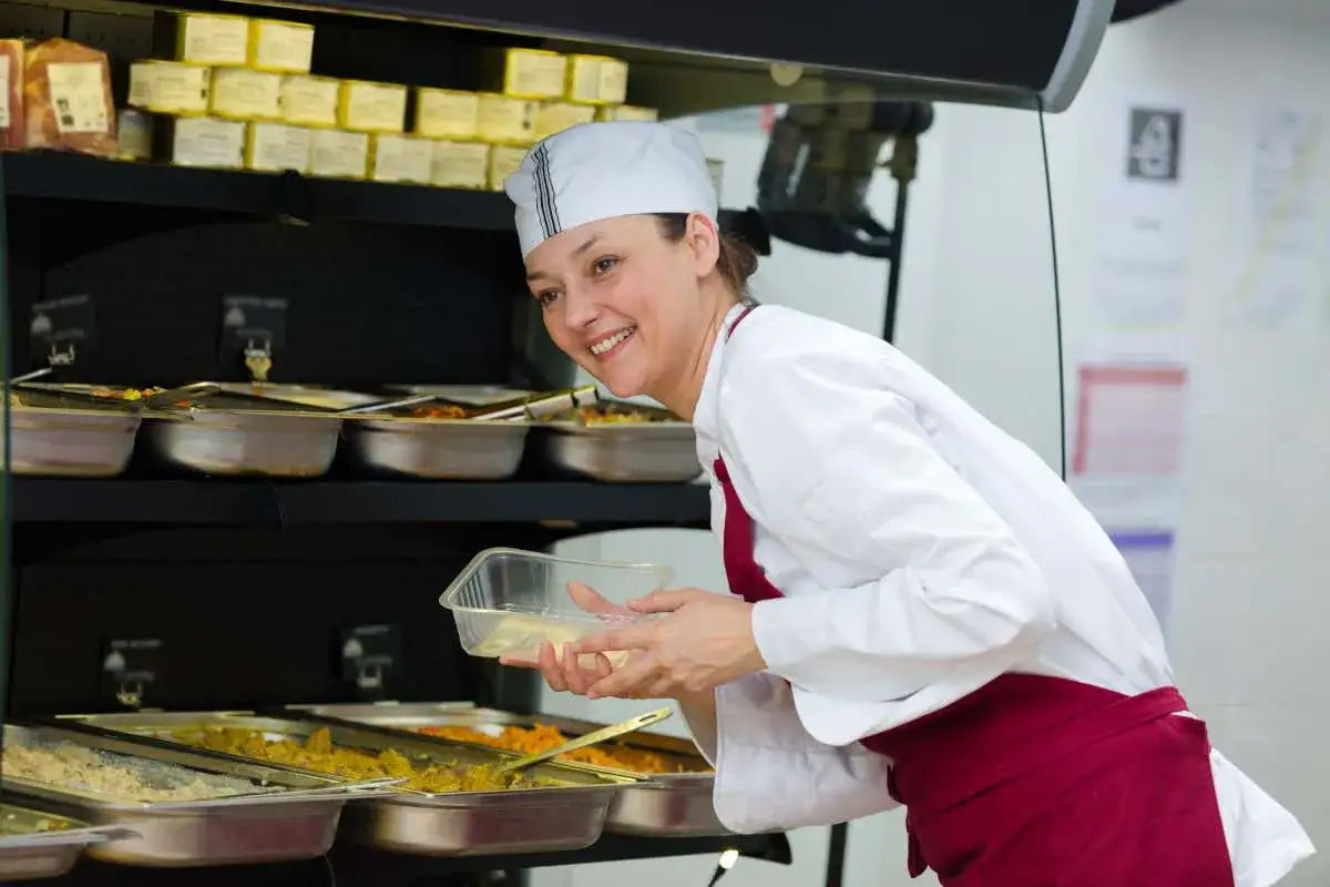 Cuoca sorridente prepara vassoi in una mensa che cerca personale.