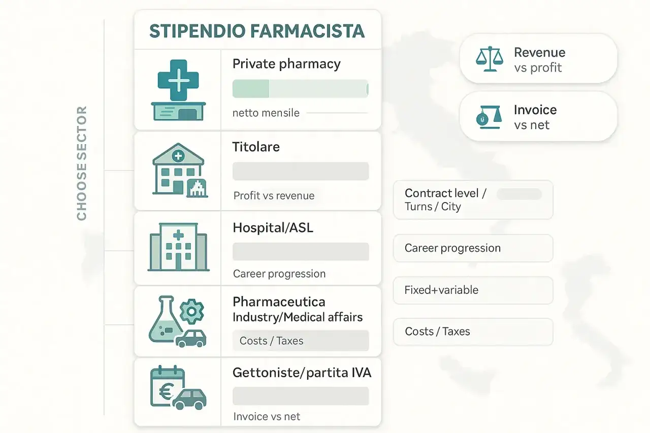 Analisi dello stipendio farmacista in Italia: farmacia privata, titolare, ospedale/ASL, industria farmaceutica, gettonista.