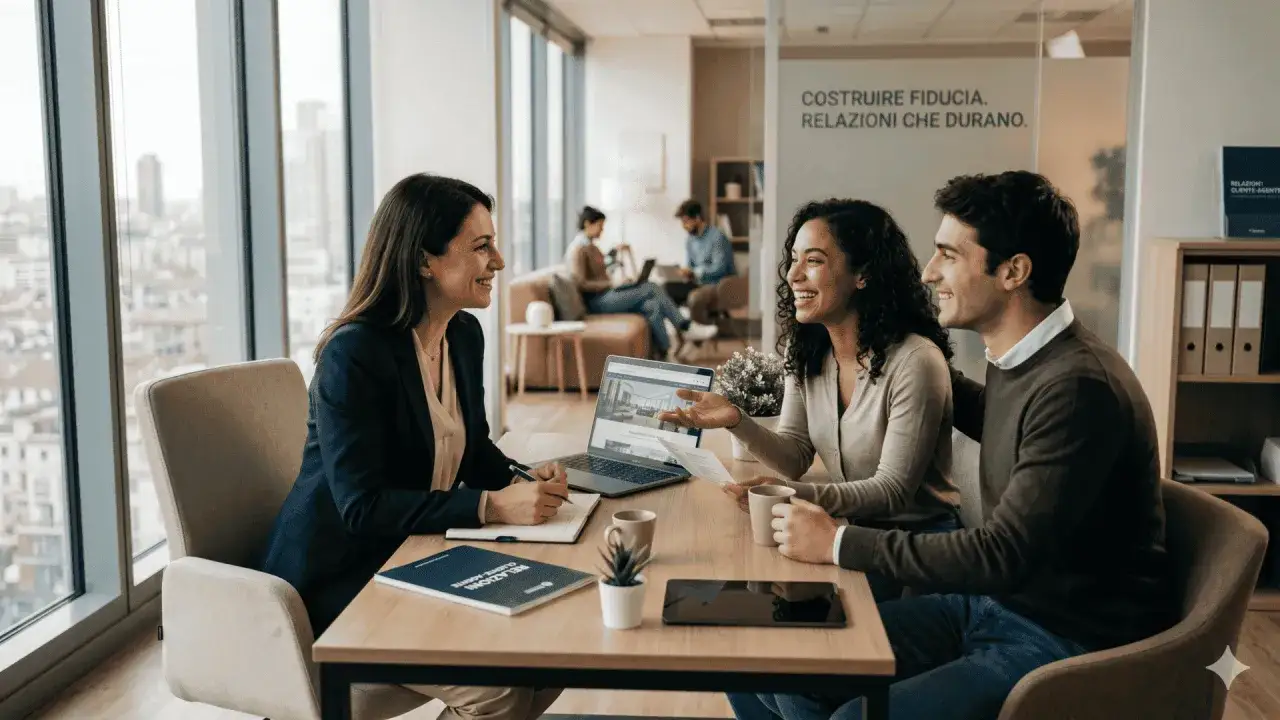 Un agente di commercio cosa fa: incontra clienti per costruire relazioni durature. Sorrisi e professionalit&agrave; in un ufficio moderno.