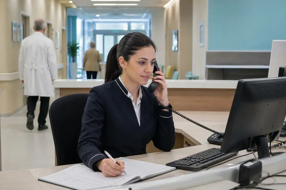Receptionist al telefono in una struttura sanitaria, mentre cerca offerte di lavoro.