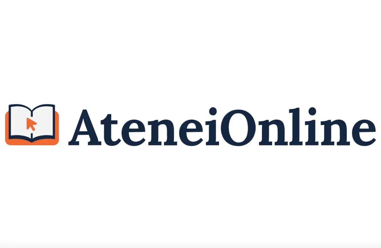 Logo AteneiOnline: un libro aperto con un cursore che indica la pagina, simbolo di lauree brevi online e formazione a distanza.