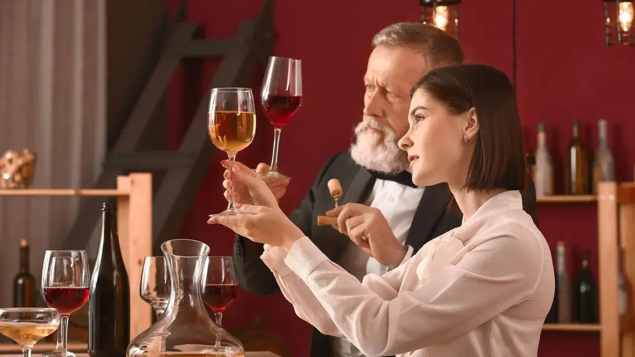 Una donna e un uomo anziano con barba bianca esaminano due bicchieri di vino. Lei tiene un bicchiere di vino bianco, lui uno di vino rosso. Si percepisce la professionalit&agrave; di chi &egrave; il sommelier.