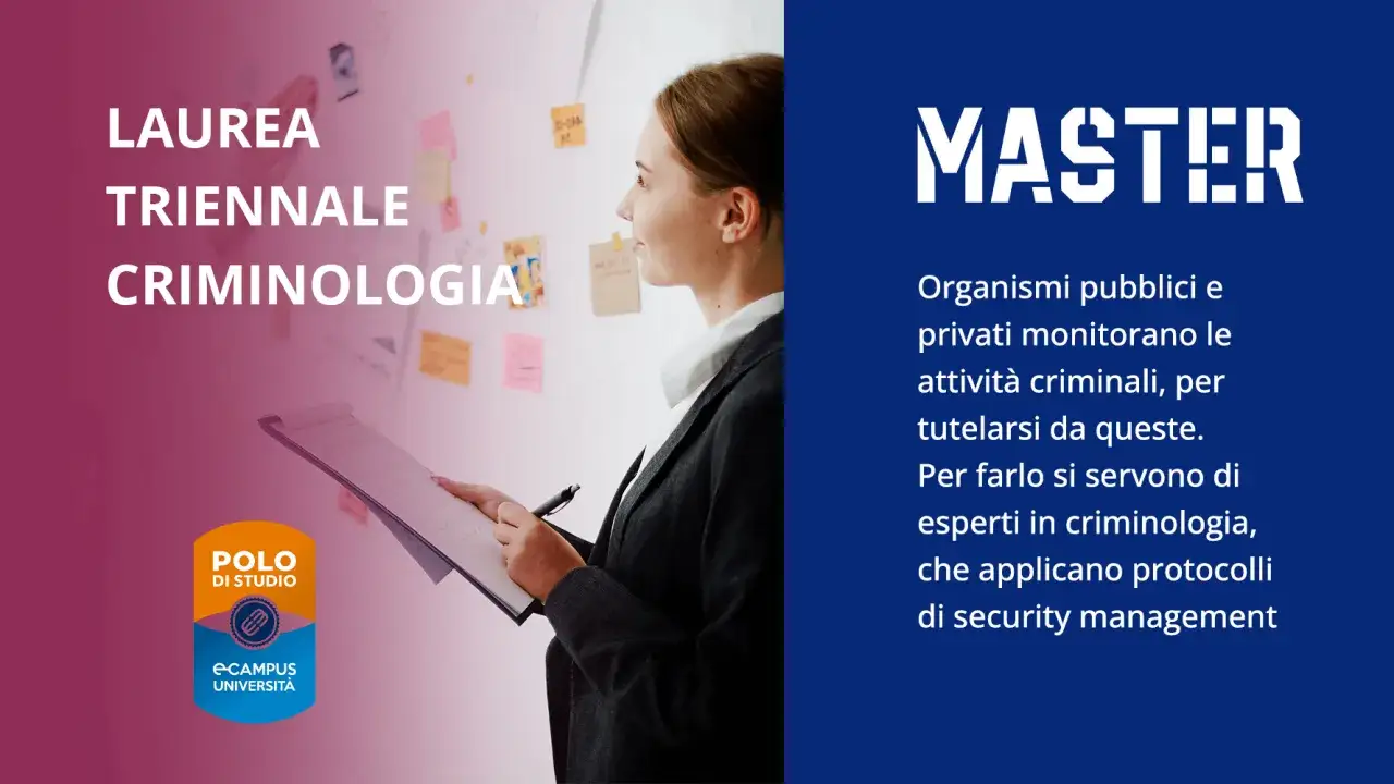 Donna analizza un muro con appunti, suggerendo un percorso di studi in criminologia. Il master Pegaso offre competenze per la sicurezza.