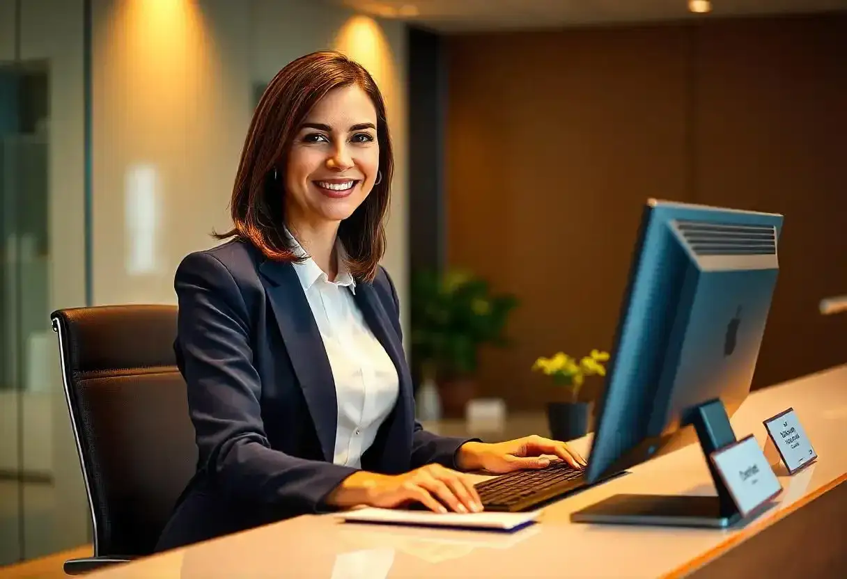 Donna sorridente in giacca e camicia, seduta alla scrivania con computer. Un esempio di come diventare segretaria.