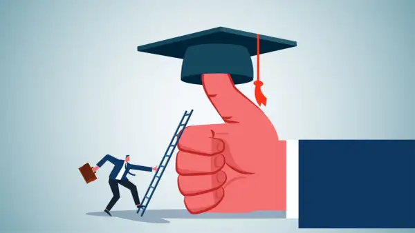 Uomo d'affari sale scala verso un pollice gigante con cappello da laurea, simboleggiando la **laurea in un anno**.