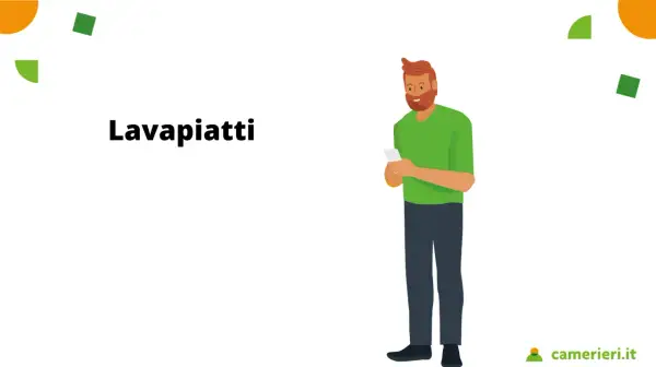Uomo con barba rossa, maglietta verde e jeans scuri, guarda il telefono. La scritta "Lavapiatti" suggerisce informazioni sullo stipendio lavapiatti livello 7.