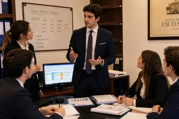 Un promoter presenta una strategia di ricavi per camere d'albergo, analizzando dati e previsioni con il suo team.