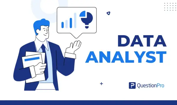 Uomo con grafici e lampadina in una nuvoletta, testo "DATA ANALYST". Scopri come diventare data analyst.