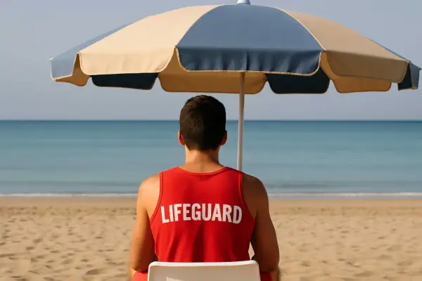 Ragazzo di 16 anni con maglietta "LIFEGUARD" sotto un ombrellone, ideale per lavori estivi.