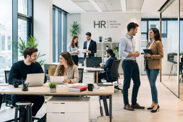 Ufficio moderno con persone che collaborano. Un uomo e una donna discutono di lavoro, un'altra coppia parla vicino alla scritta "HR".