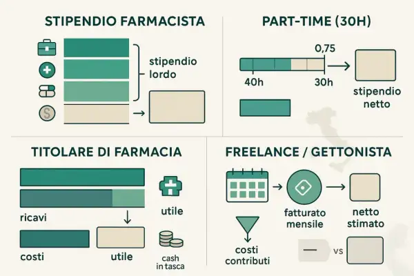 Schema illustra lo stipendio farmacista: lordo, netto part-time, utile titolare e netto stimato freelance.