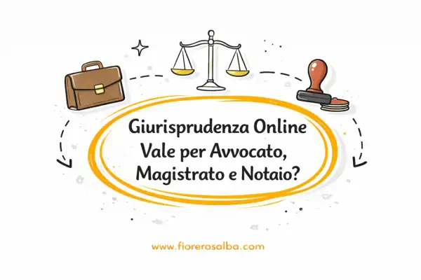 Valigetta, bilancia e timbro per avvocato. "Giurisprudenza Online Vale per Avvocato, Magistrato e Notaio?" - un'offerta di lavoro per professionisti legali.