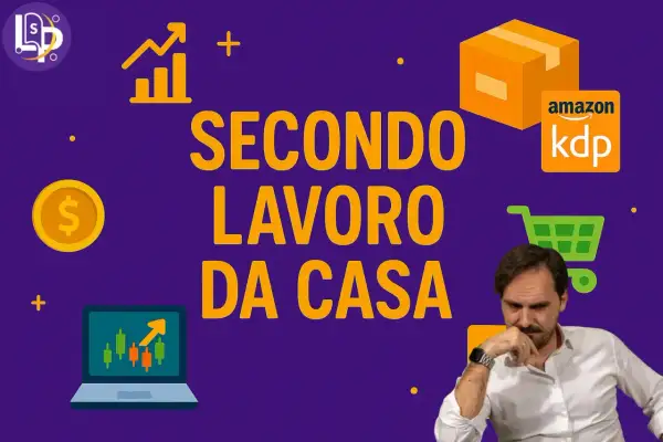 Uomo pensieroso con grafici e simboli di denaro, che suggeriscono un **secondo lavoro da casa** con Amazon KDP.