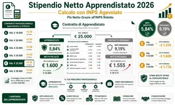 Calcolo stipendio netto apprendistato 2026: con RAL €28.000, +€55 netti al mese. Cerco lavoro trasfertista.