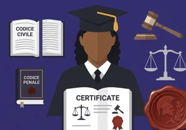 Laurea in giurisprudenza, simbolo della migliore università di giurisprudenza in Italia. Libri di legge, bilancia della giustizia, martelletto e sigillo.