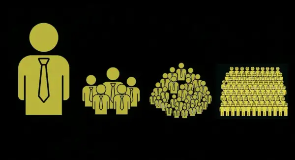 Icone di persone con cravatta, da una a molte, che rappresentano la crescita di un team. Un consulente SAP con uno stipendio elevato guida questo gruppo.