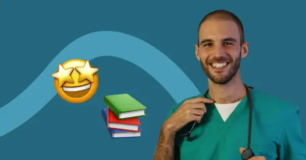 Un medico sorridente con uno stetoscopio, libri e un'emoji con stelle negli occhi, per capire quanto guadagna un dermatologo.