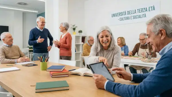 Anziani sorridenti partecipano a un corso di università gratuita dopo i 50 anni, imparando e socializzando.