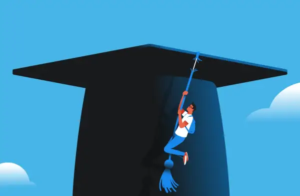 Studente si arrampica su un nappa di laurea, simbolo delle università più difficili.