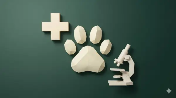 Simboli di cura e scienza: croce, zampa, microscopio. Un'ispirazione visiva per chi vuole capire come diventare veterinario.