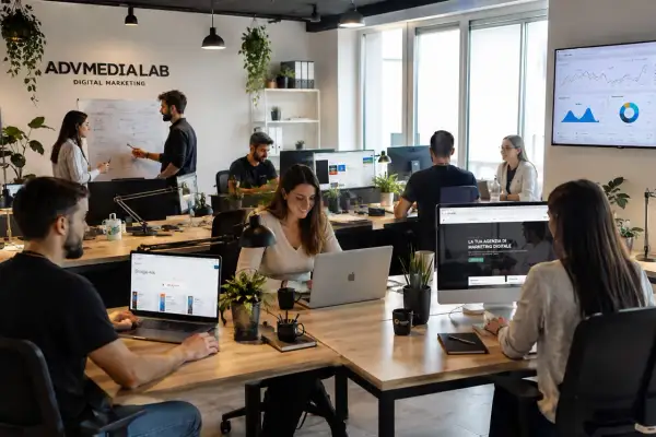Team in ufficio di digital marketing, focus su analisi dati e strategie. Un buon web marketing manager stipendio è meritato per questi risultati.