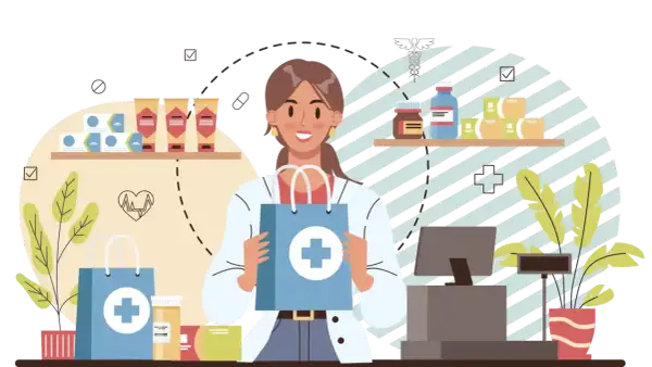 Farmacista sorridente con sacchetto blu, farmaci sugli scaffali. Immagine illustra come diventare farmacista.