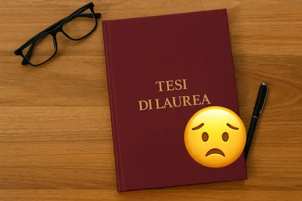 Tesi di laurea e-campus, occhiali e penna su un tavolo di legno. Un emoji triste accanto al titolo.
