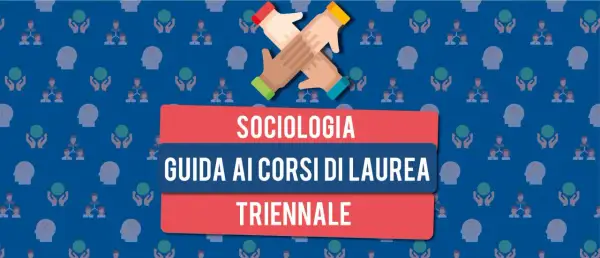Guida ai corsi di laurea triennale in sociologia in Italia. Icone di mani che si stringono, persone e globi.