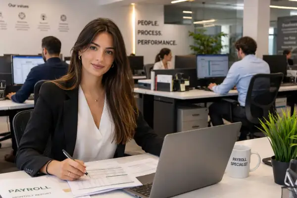 Donna al lavoro in ufficio, concentrata su report e laptop. Gestisce le risorse umane e lo stipendio, assicurando precisione.