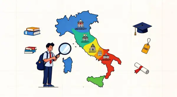 Studente cerca università private elenco in Italia, con libri, toga e cartellino costo.