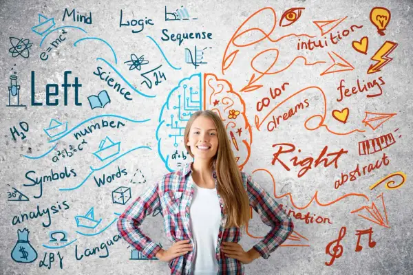 Ragazza sorridente davanti a un muro con disegni che rappresentano il **mental coach significato**: logica, scienza a sinistra; intuizione, creatività a destra.