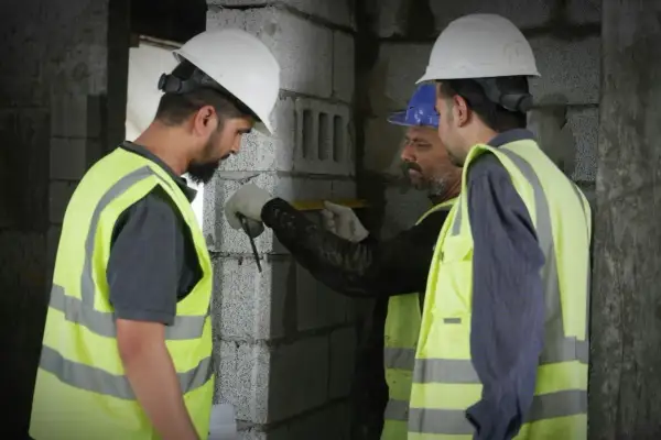 Ingegneri civili al lavoro, misurano con precisione una parete in costruzione.