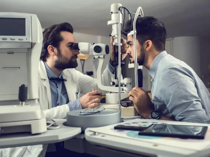 Un oculista esamina l'occhio di un paziente con uno strumento. Un percorso per diventare oculista inizia con un esame accurato.